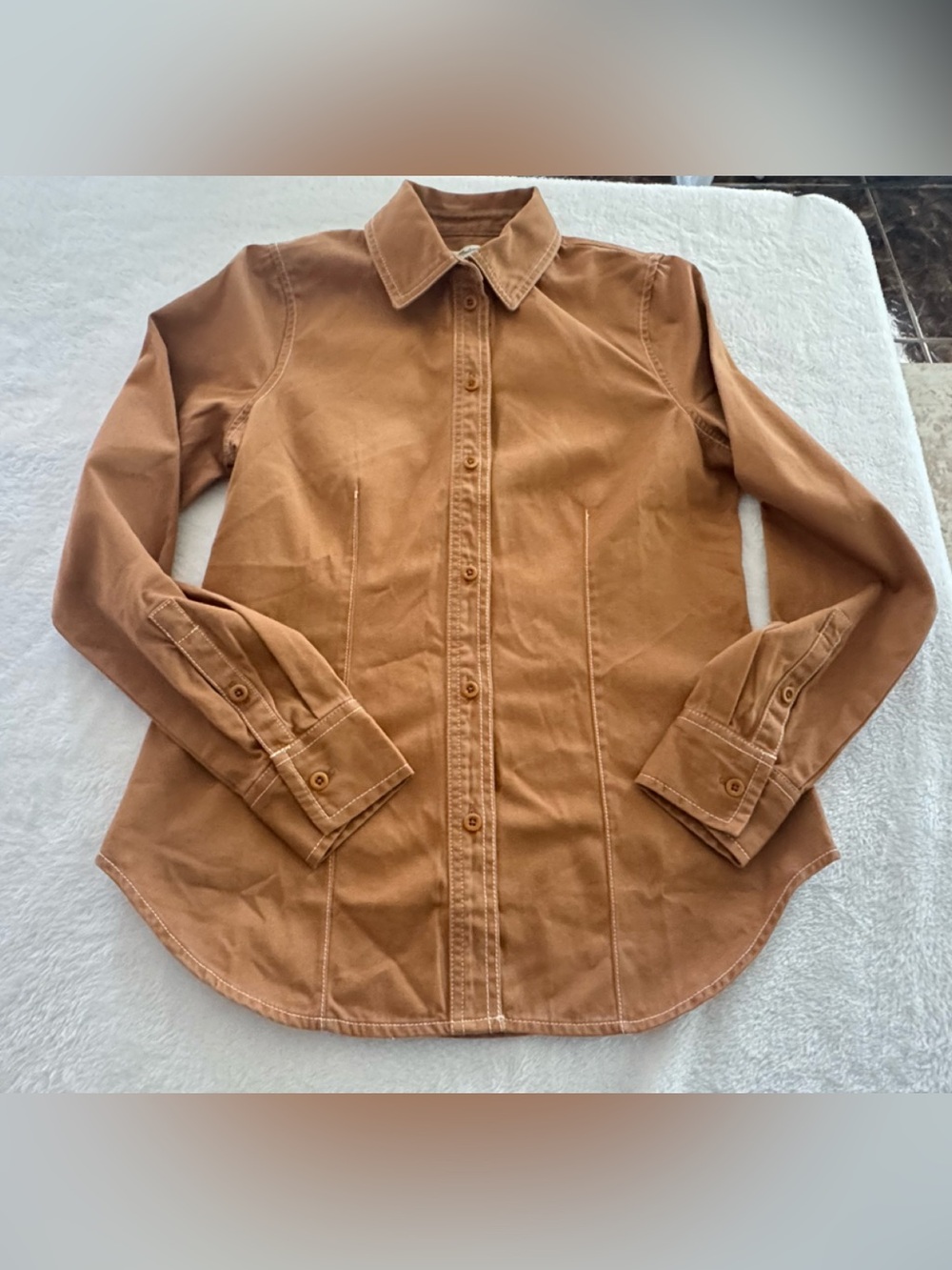 Madewell Fitted Button Down Shirt Size 0 Camel Brown Contrast Stitching